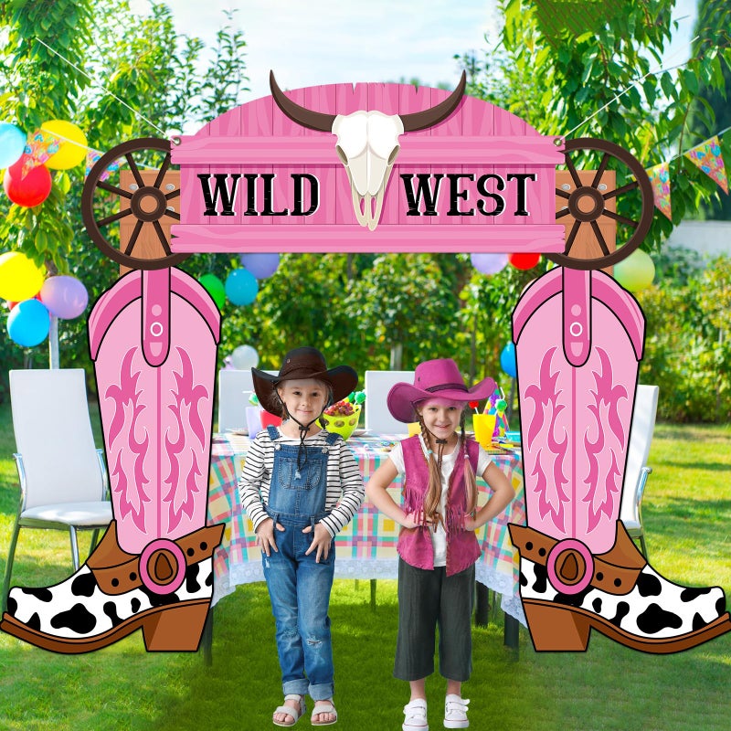 Oitnlaughter Western Cowgirl Porch Banner West Cowgirl Party Door Decoration Wild West Pink Boot Hanging Banner Background Western Themed Saloon Porch Sign for Bar Birthday Photo Booth Props Favor Supplies - Image 5