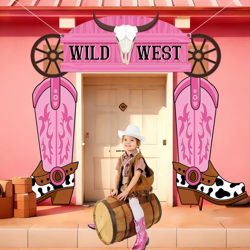 Oitnlaughter Western Cowgirl Porch Banner West Cowgirl Party Door Decoration Wild West Pink Boot Hanging Banner Background Western Themed Saloon Porch Sign for Bar Birthday Photo Booth Props Favor Supplies - Image 4