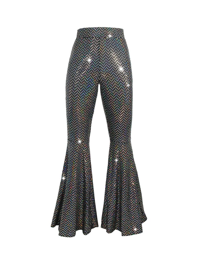 Nawgut Womens Sequin Flare Pant Sparkly High Waisted Leg Bell Bottom Glitter Trousers Night Out Clubwear-Small Black - Image 3