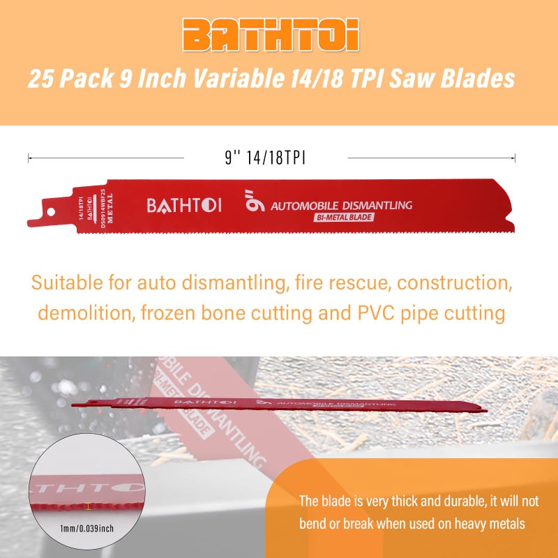 BATHTOI 25 Pack 9 Inch 14/18 Tpi Reciprocating Saw Blades for Metal Cutting, Carbide Alloy Steel Sawzall Blades for Automobile Dismantling with 8% Cobalt for Longer Life and Faster Cutting Speed - Image 5