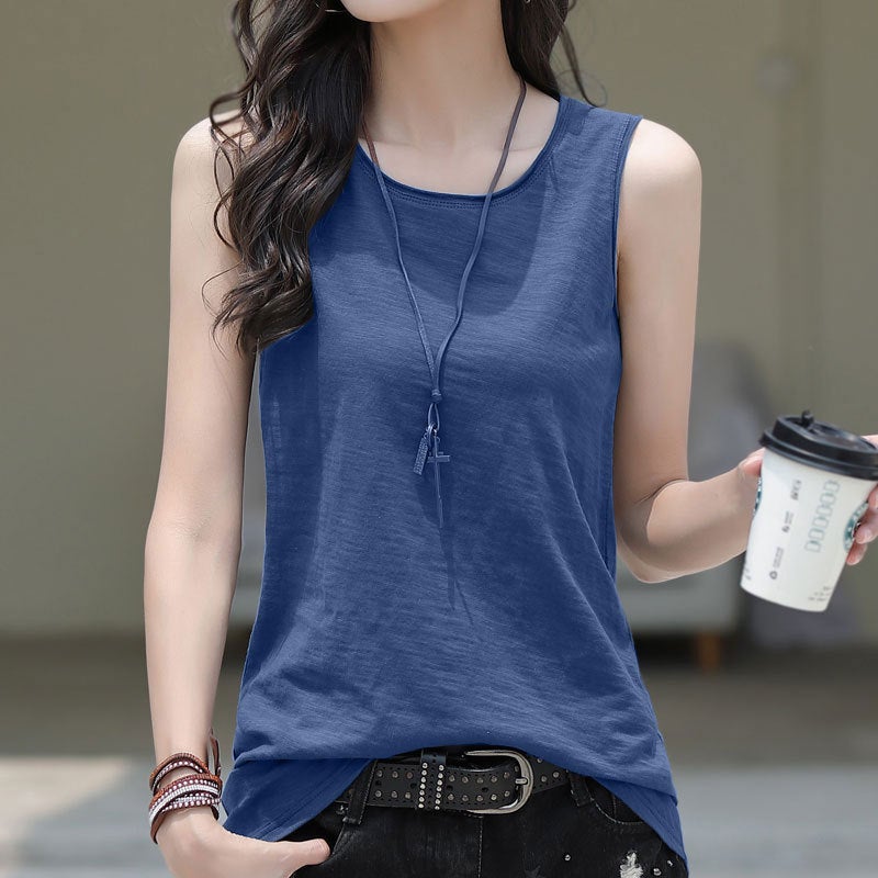 Slub Cotton Sleeveless T-Shirt Womens Vest Outer Wear 2023 New Summer Cotton Base Shirt All-match Loose Top Black  - Image 3