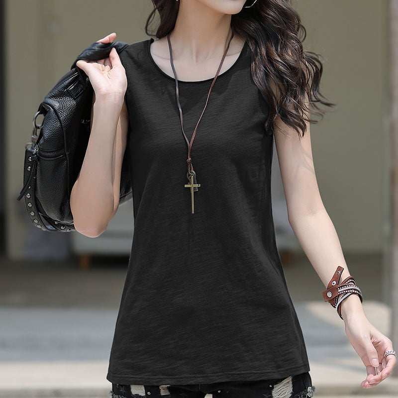 Slub Cotton Sleeveless T-Shirt Womens Vest Outer Wear 2023 New Summer Cotton Base Shirt All-match Loose Top Black  - Image 1