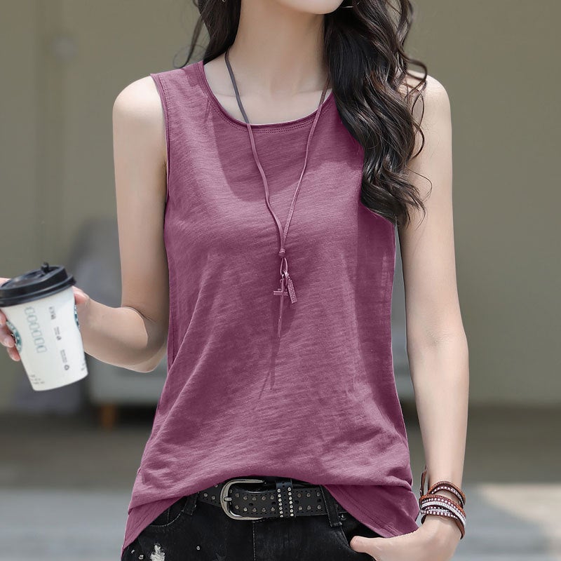 Slub Cotton Sleeveless T-Shirt Womens Vest Outer Wear 2023 New Summer Cotton Base Shirt All-match Loose Top Black  - Image 2