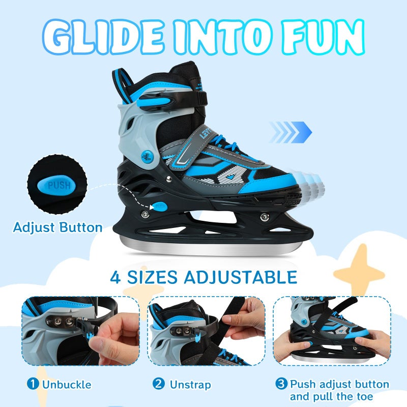 LEVYTEMP Adjustable ice Skates for Kids Boys Girls, 4 Size Triple Protection Beginner Figure Blades with Ankle Support for Outdoor and Rink,Blue - Image 2