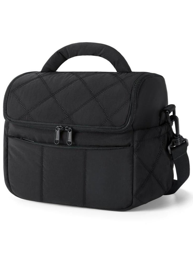 Quilted Insulated Lunch Bag with Shoulder Strap, Reusable Lunch Tote for Women Men, Perfect for Work/School/Picnic( Black )  - Image 1