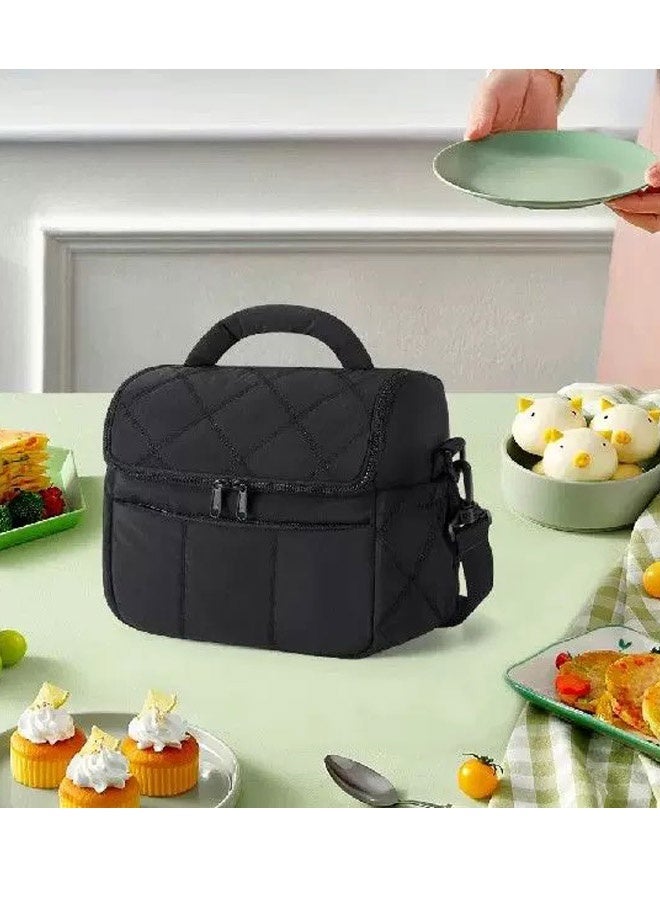 Quilted Insulated Lunch Bag with Shoulder Strap, Reusable Lunch Tote for Women Men, Perfect for Work/School/Picnic( Black )  - Image 3