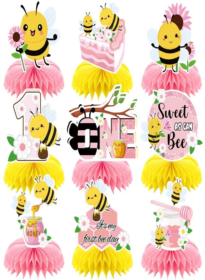RANERVZ 9pcs Happy 1st Bee Day Honeycomb Centerpieces Bumble Bee First Birthday Party Table Decorations Pink It's My 1st Bee Day Table Centerpiece for Girl Baby Shower Sweet as can Bee Table Topper Sign Decor - Image 1