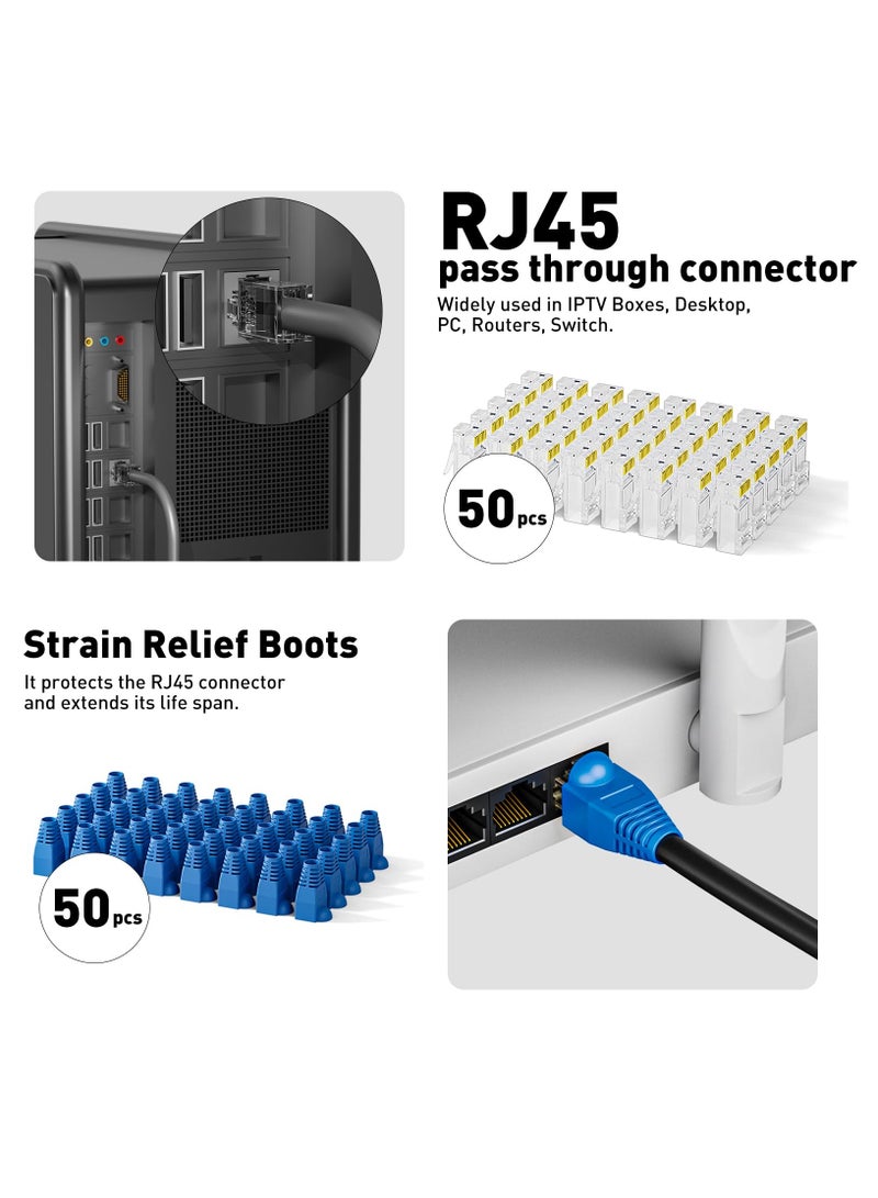 Ethernet Networking Tool Set with Cable Testing, Multiple Strippers, Blades, 50 Cat6 Pass Through Connectors, and Strain Relief Boots. - Image 3