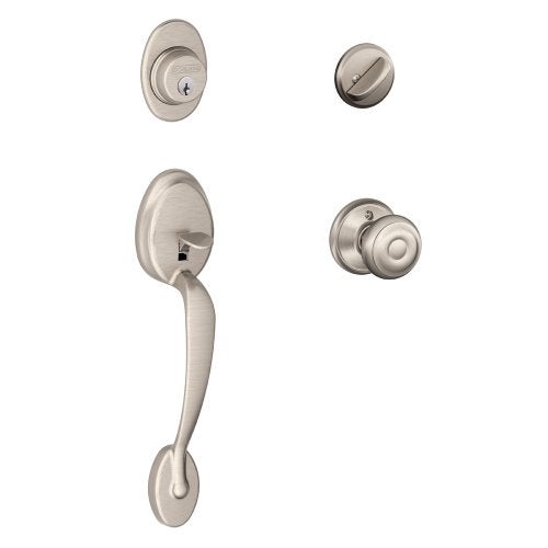 Schlage Plymouth Single Cylinder Handleset and Georgian Knob Satin Nickel F60 PLY 619 GEO