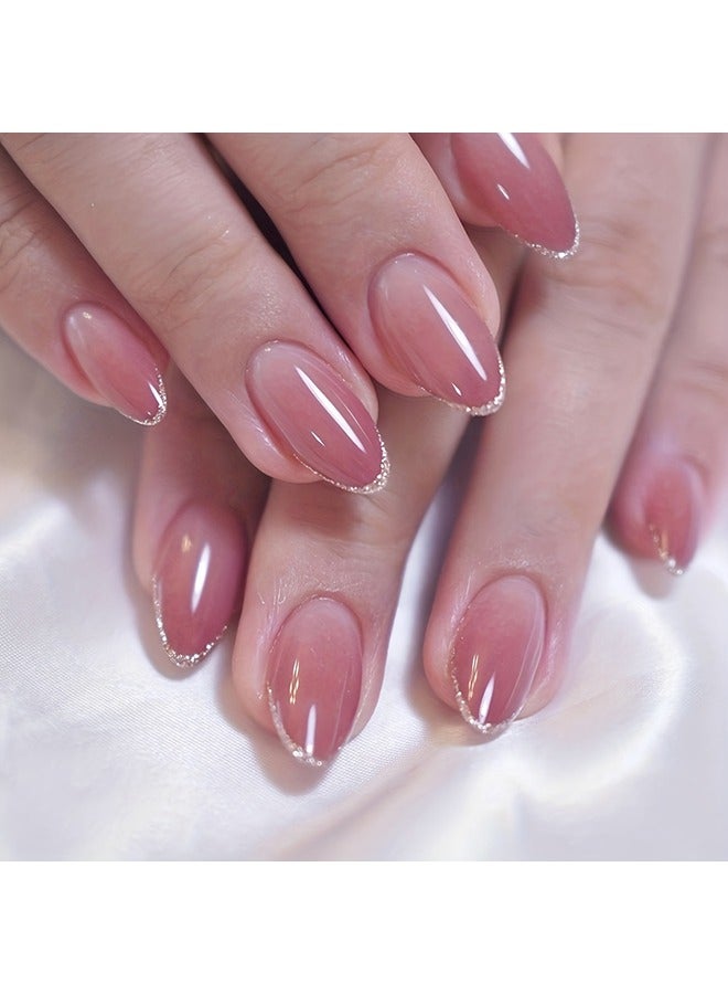 Generic 24pcs Glossy Medium Oval Fake Nails, Nude Pinkish Gradient Press On Nails With Glitter French Tip Design, Minimalist Style False Nails For Women Girls Daily Party Wear  - Image 1