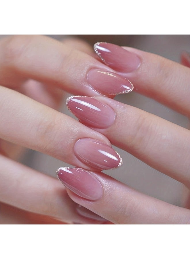 Generic 24pcs Glossy Medium Oval Fake Nails, Nude Pinkish Gradient Press On Nails With Glitter French Tip Design, Minimalist Style False Nails For Women Girls Daily Party Wear  - Image 2