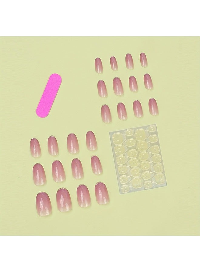Generic 24pcs Glossy Medium Oval Fake Nails, Nude Pinkish Gradient Press On Nails With Glitter French Tip Design, Minimalist Style False Nails For Women Girls Daily Party Wear  - Image 3
