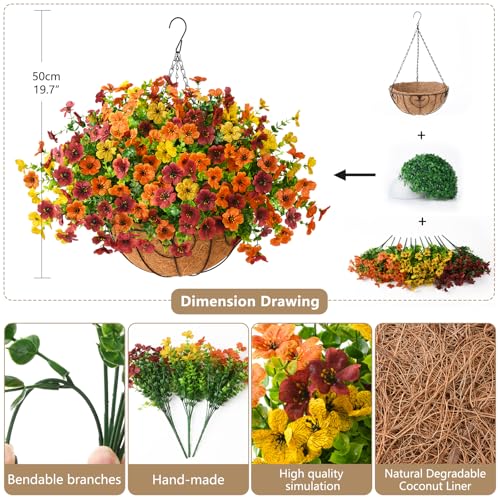 ZFProcess Artificial Fake Hanging Plants Flowers Basket Faux Silk Daisy in Planter Realistic UV Resistant for Outside Home Patio Balcony Yard Mums Autumn Outdoor Decoration Orange Brown Yellow - Image 3