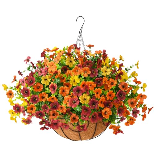 ZFProcess Artificial Fake Hanging Plants Flowers Basket Faux Silk Daisy in Planter Realistic UV Resistant for Outside Home Patio Balcony Yard Mums Autumn Outdoor Decoration Orange Brown Yellow - Image 1