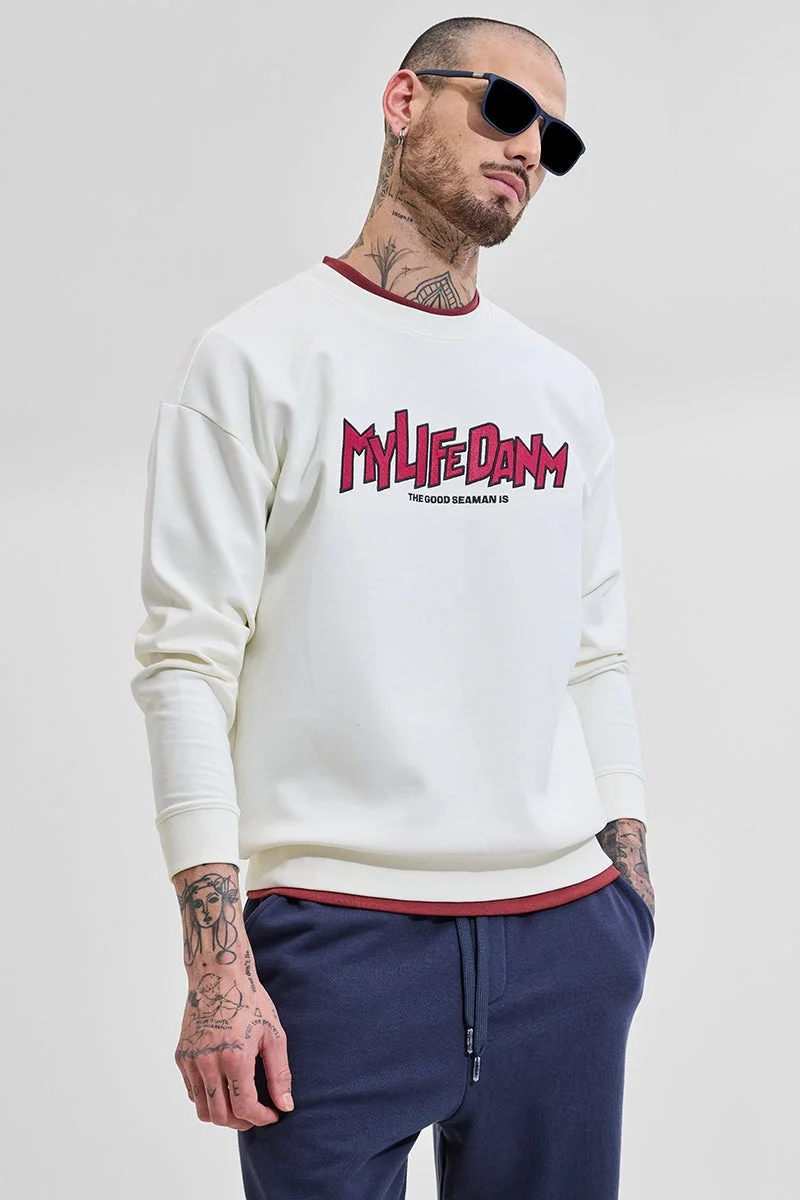 SNITCH Off-White Graphic Half Sleeve Relaxed Streetwear Sweatshirt