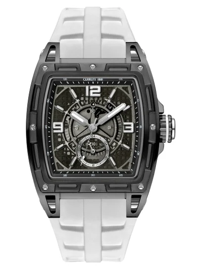 CERRUTI 1881 Men's Cerruti 1881 Belluno Multifunction Watch for Men - Tonneau Case, Black Smoked Transparent Dial, White Silicon Strap