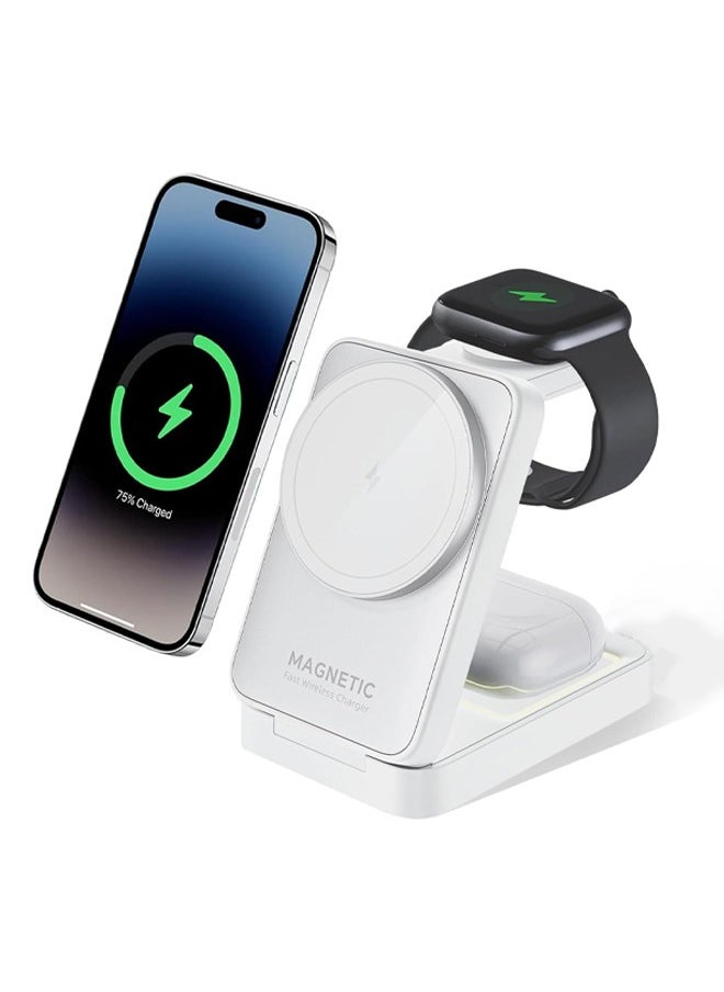 Bukela - Foldable 3 in 1 Wireless Charger for iPhone,15W MagSafe Charger Stand for iPhone, Foldable Travel Wireless Charger Compatible with iPhone16-12, Apple Watch,Airpods Pro(White) - Image 1