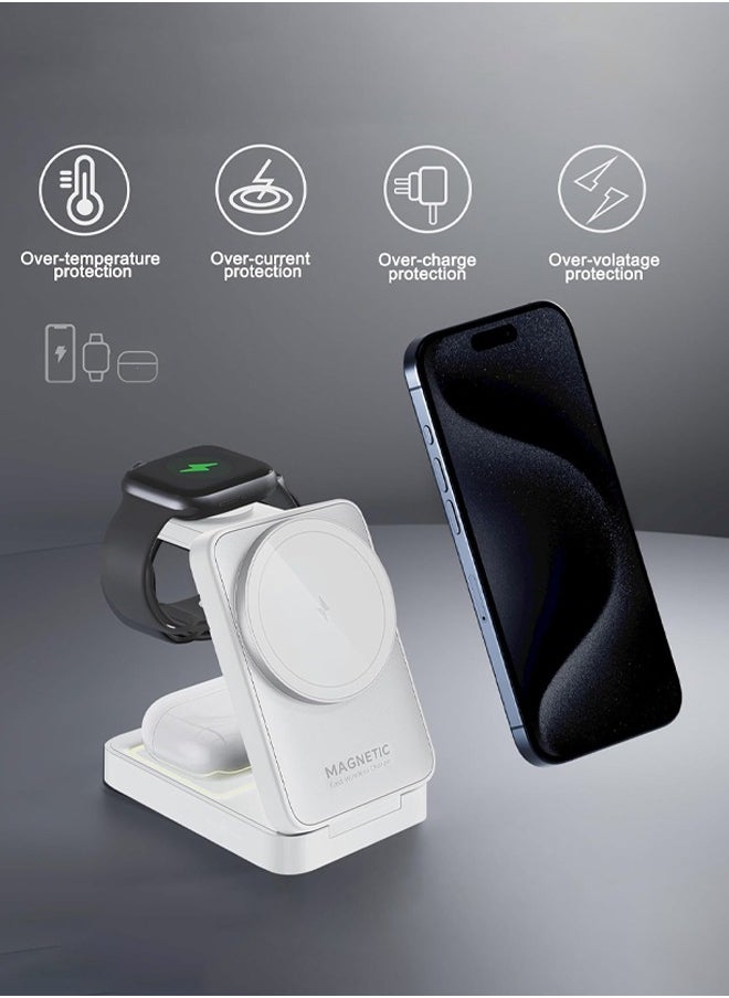 Bukela - Foldable 3 in 1 Wireless Charger for iPhone,15W MagSafe Charger Stand for iPhone, Foldable Travel Wireless Charger Compatible with iPhone16-12, Apple Watch,Airpods Pro(White) - Image 1