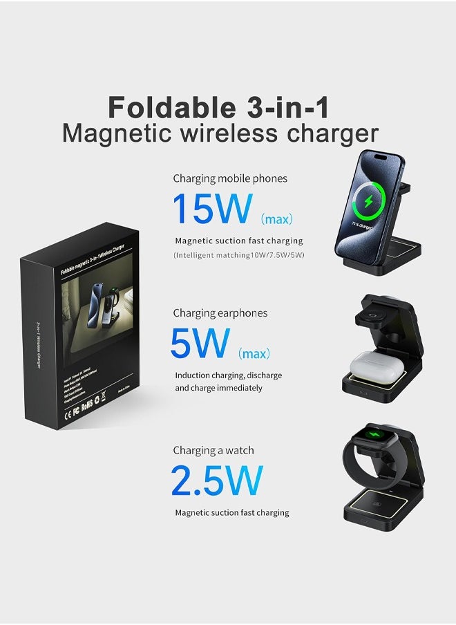 Bukela - Foldable 3 in 1 Wireless Charger for iPhone,15W MagSafe Charger Stand for iPhone, Foldable Travel Wireless Charger Compatible with iPhone16-12, Apple Watch,Airpods Pro(White) - Image 1