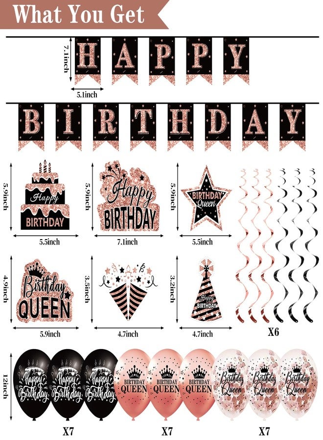 Uiorgui Birthday Decorations for Women, 33pcs Birthday Queen Crown and Sash, Black Rose Gold Happy Birthday Banner Balloons Backdrop Hanging Swirls Paper Fans Birthday Party Decorations Kit Gifts for Her - Image 2