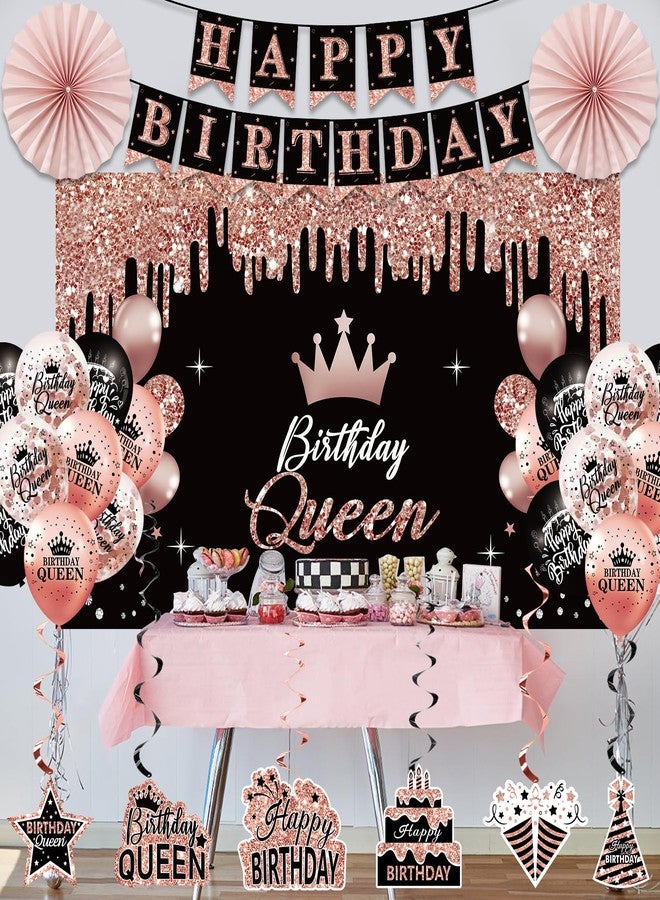 Uiorgui Birthday Decorations for Women, 33pcs Birthday Queen Crown and Sash, Black Rose Gold Happy Birthday Banner Balloons Backdrop Hanging Swirls Paper Fans Birthday Party Decorations Kit Gifts for Her - Image 5