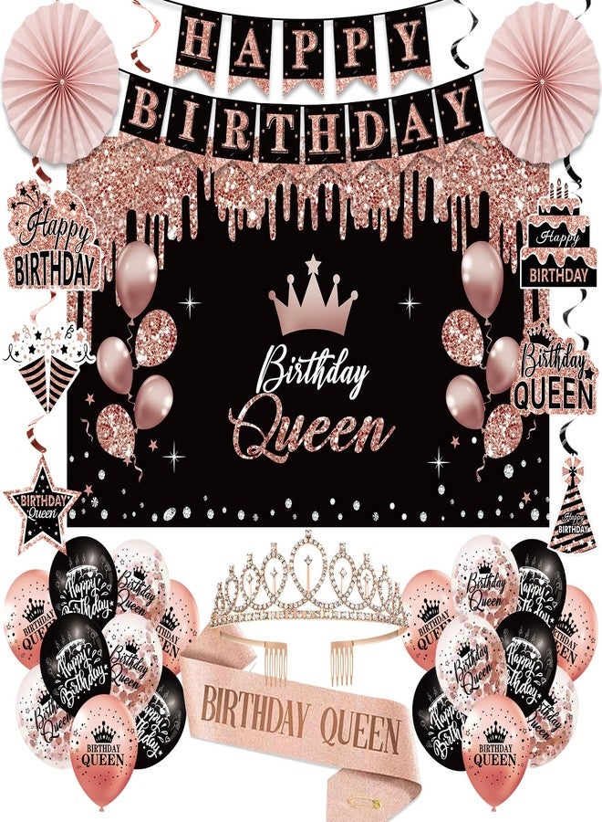 Uiorgui Birthday Decorations for Women, 33pcs Birthday Queen Crown and Sash, Black Rose Gold Happy Birthday Banner Balloons Backdrop Hanging Swirls Paper Fans Birthday Party Decorations Kit Gifts for Her - Image 1