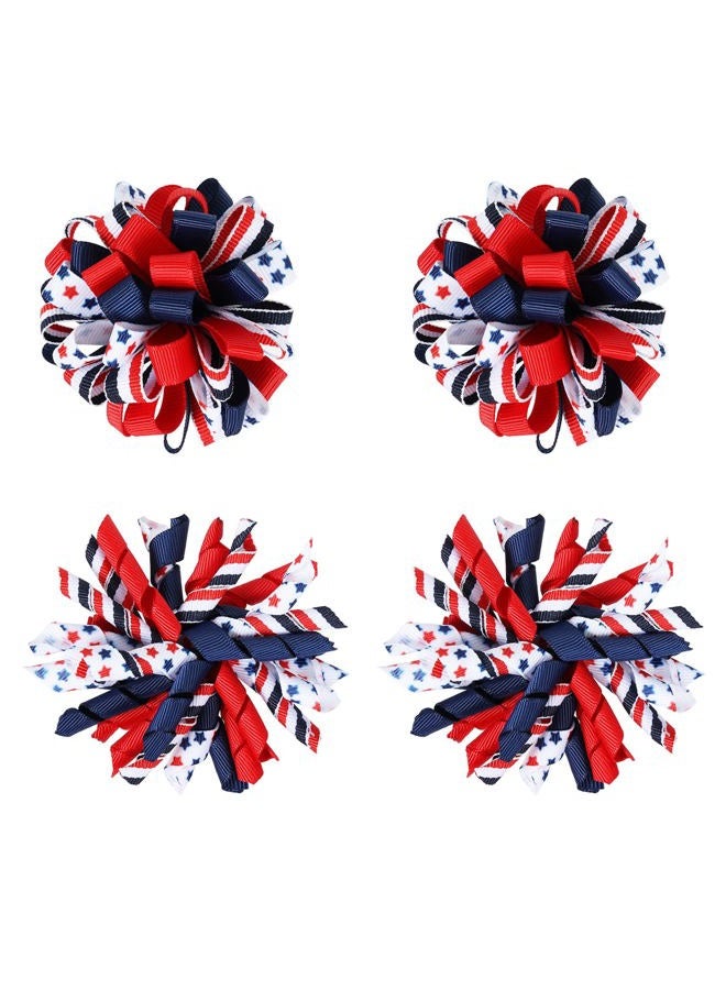 KCHIES 4th of July Korker Hair Bow Clips Girls Patriotic Curly Corker Cheer Pompom Loopy Bow Alligator Barrettes Red White Blue Stars Stripes Ribbon Accessories Kids Xmas Gift - Image 1