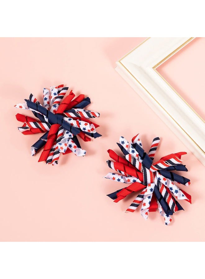 KCHIES 4th of July Korker Hair Bow Clips Girls Patriotic Curly Corker Cheer Pompom Loopy Bow Alligator Barrettes Red White Blue Stars Stripes Ribbon Accessories Kids Xmas Gift - Image 4