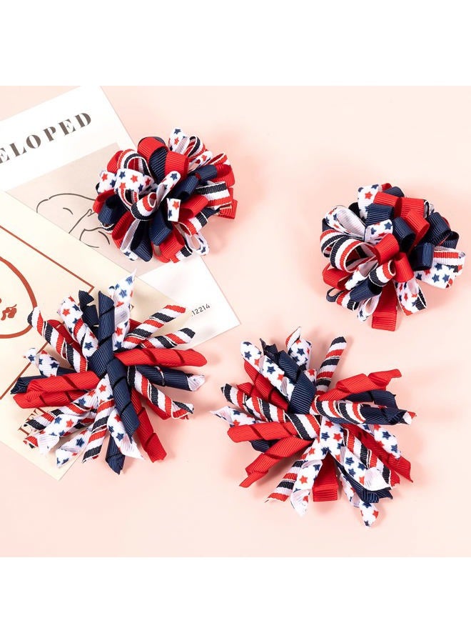 KCHIES 4th of July Korker Hair Bow Clips Girls Patriotic Curly Corker Cheer Pompom Loopy Bow Alligator Barrettes Red White Blue Stars Stripes Ribbon Accessories Kids Xmas Gift - Image 2