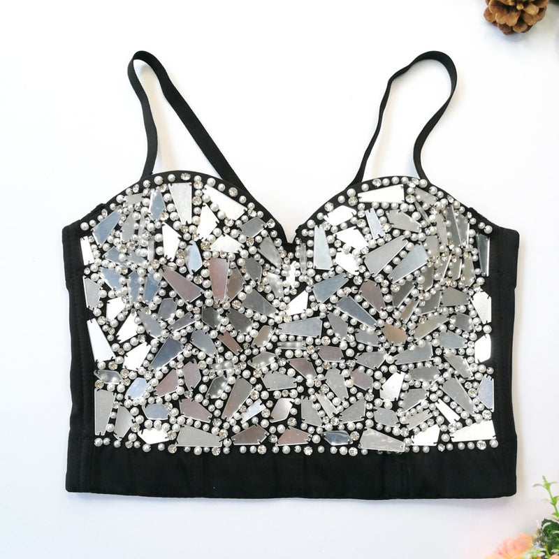 Yellow Ling Inspired Beaded Bustier Performance Outfit Silver Sheet on black background 