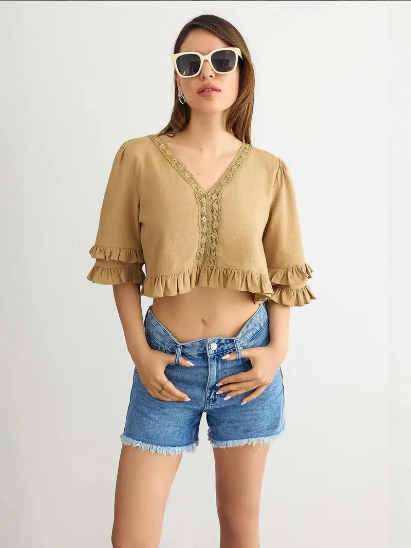HICCUP Cropped V-Neck Ruffled Blouse
