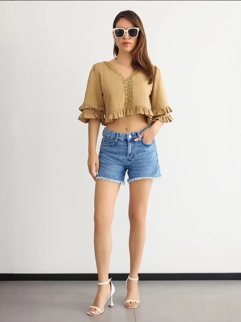 HICCUP Cropped V-Neck Ruffled Blouse
