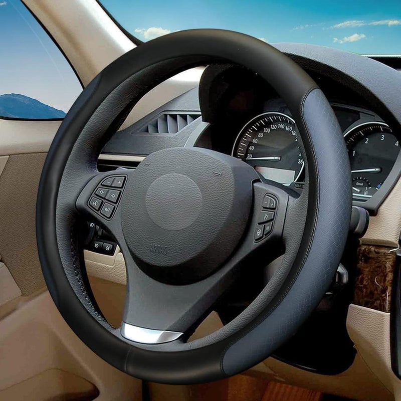 VARGTR Steering Wheel Cover, Microfiber Leather Splicing with Classic Embossing,Contrasting Colors Anti-Slip Breathable Auto Car Steering Wheel Cover Fit 15 Inch Car Wheel Protector (Black&Blue) - Image 1