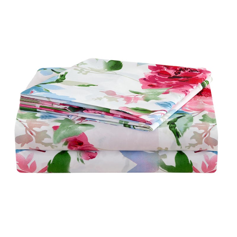 JSD Watercolor Rose Floral Sheet Set Cal King, 4 Piece Soft Printed Microfiber Sheets Extra Deep Pocket - Image 1