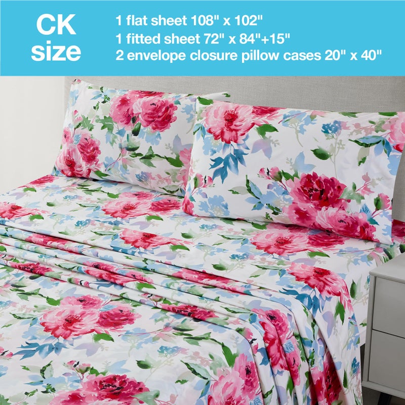 JSD Watercolor Rose Floral Sheet Set Cal King, 4 Piece Soft Printed Microfiber Sheets Extra Deep Pocket - Image 2