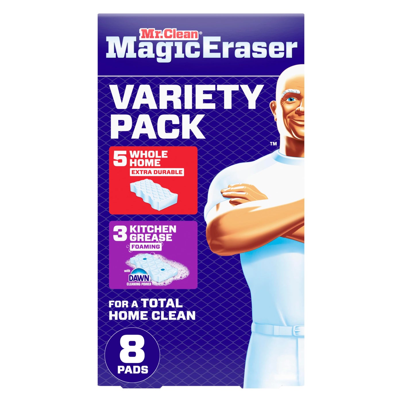 Mr Clean Mr. Clean Magic Eraser Sponge, All Purpose Cleaner, Cleaning Scrubber, Wall, Kitchen, Bathroom, Shower Cleaner, Melamine Sponge, Cleaning Pads, Variety Pack, 5 Extra Durable, & 3 Grease Magic