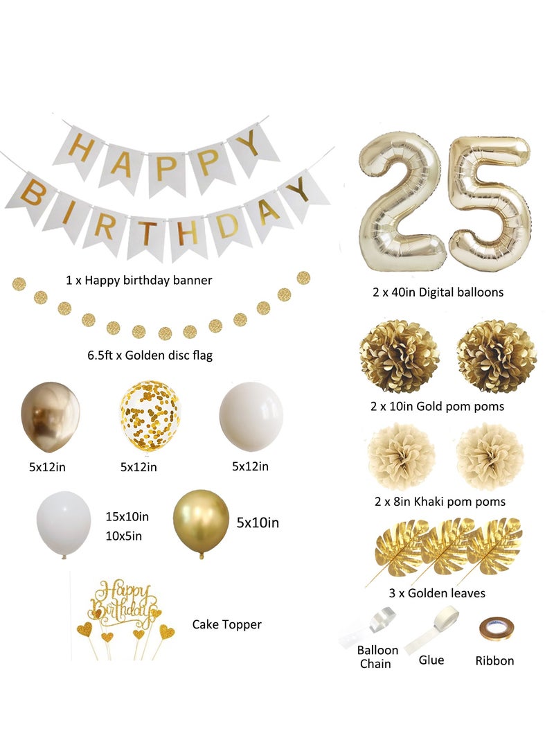 Finypa 25th White Gold Birthday Balloon Set, Metal Gold Family Birthday Party Decoration Supplies, Light Gold Balloon Wreath, Dessert Stand Decoration, Includes Happy Birthday Banner, Golden Sparkling Paper Disc Pulling Flower, Large White Gold Digital Balloon, Birthday Cake Decoration, Sparkling Gold Paper Flower Ball Set - Image 2