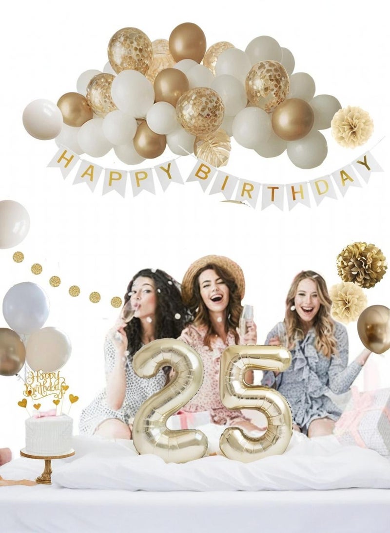 Finypa 25th White Gold Birthday Balloon Set, Metal Gold Family Birthday Party Decoration Supplies, Light Gold Balloon Wreath, Dessert Stand Decoration, Includes Happy Birthday Banner, Golden Sparkling Paper Disc Pulling Flower, Large White Gold Digital Balloon, Birthday Cake Decoration, Sparkling Gold Paper Flower Ball Set - Image 3