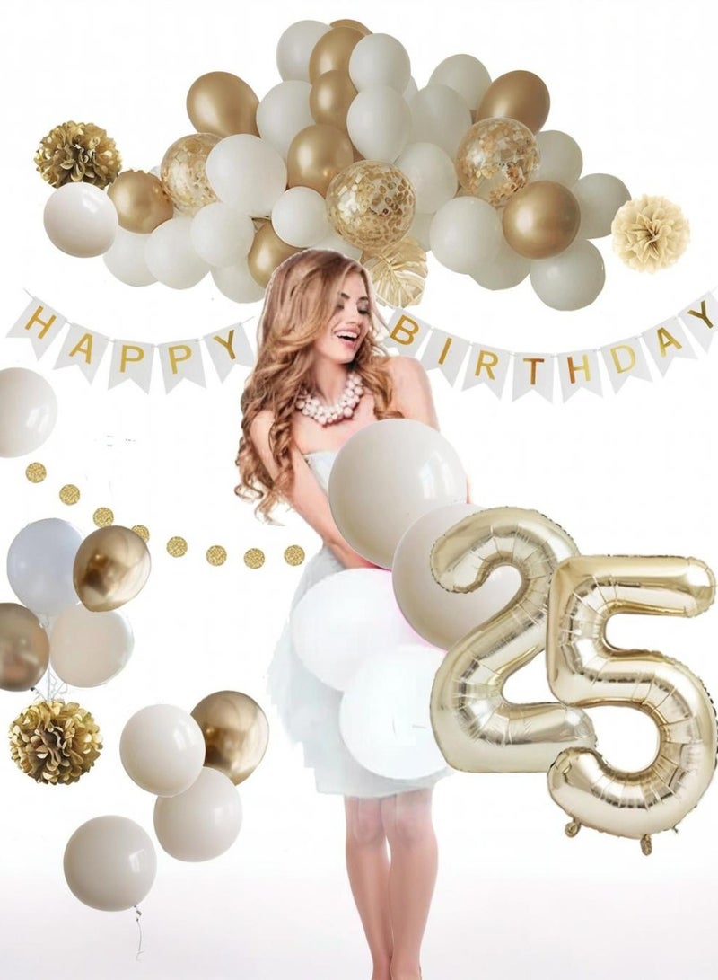 Finypa 25th White Gold Birthday Balloon Set, Metal Gold Family Birthday Party Decoration Supplies, Light Gold Balloon Wreath, Dessert Stand Decoration, Includes Happy Birthday Banner, Golden Sparkling Paper Disc Pulling Flower, Large White Gold Digital Balloon, Birthday Cake Decoration, Sparkling Gold Paper Flower Ball Set - Image 4