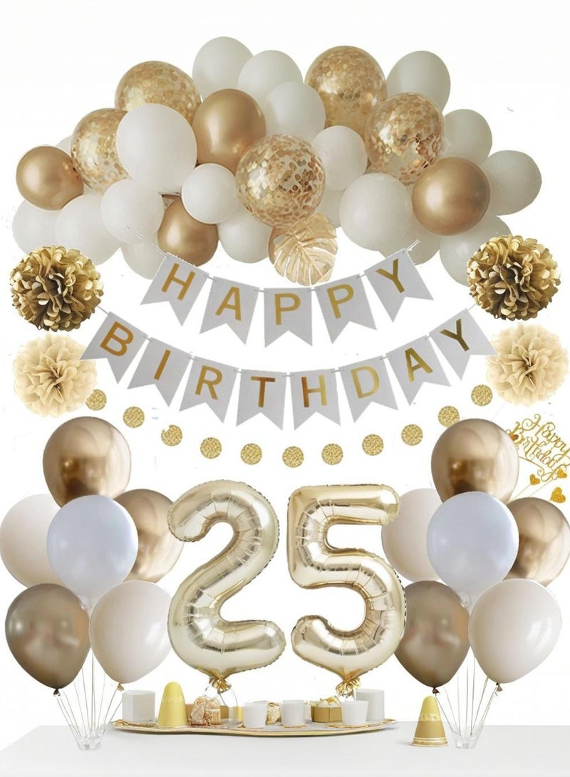 Finypa 25th White Gold Birthday Balloon Set, Metal Gold Family Birthday Party Decoration Supplies, Light Gold Balloon Wreath, Dessert Stand Decoration, Includes Happy Birthday Banner, Golden Sparkling Paper Disc Pulling Flower, Large White Gold Digital Balloon, Birthday Cake Decoration, Sparkling Gold Paper Flower Ball Set - Image 5