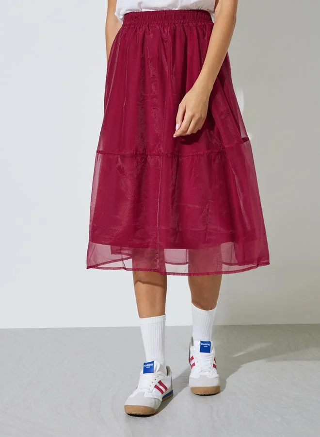 ستايلي Burgundy Organza Look Layered Midi Skirt