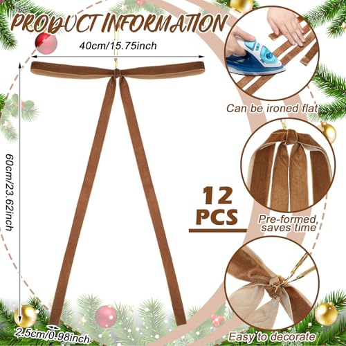 Janinka 12 Pcs Brown Velvet Ribbon Bows Christmas Tree Decorations 235x155 Inch Rustic Neutral Large Velvet Vintage Christmas Swag Ornaments Staircase Wreath Bows Tree Topper Bow - Image 3