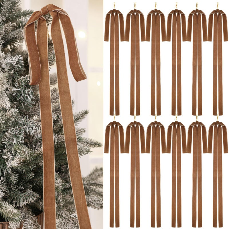 Janinka 12 Pcs Brown Velvet Ribbon Bows Christmas Tree Decorations 235x155 Inch Rustic Neutral Large Velvet Vintage Christmas Swag Ornaments Staircase Wreath Bows Tree Topper Bow - Image 2