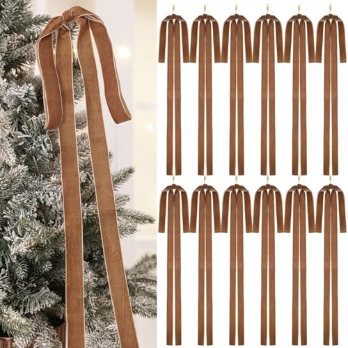 Janinka 12 Pcs Brown Velvet Ribbon Bows Christmas Tree Decorations 235x155 Inch Rustic Neutral Large Velvet Vintage Christmas Swag Ornaments Staircase Wreath Bows Tree Topper Bow - Image 1