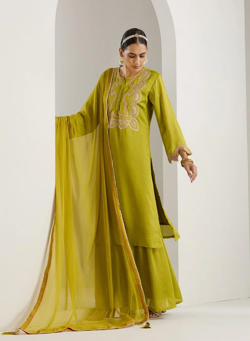 ISHIN Women's Green Polyester Blend Printed Tunic Full Length Palazzo Straight Fit Kurta Set