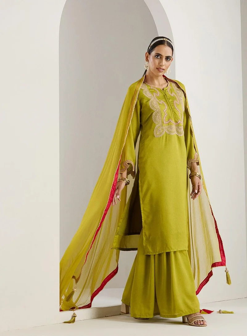 ISHIN Women's Green Polyester Blend Printed Tunic Full Length Palazzo Straight Fit Kurta Set