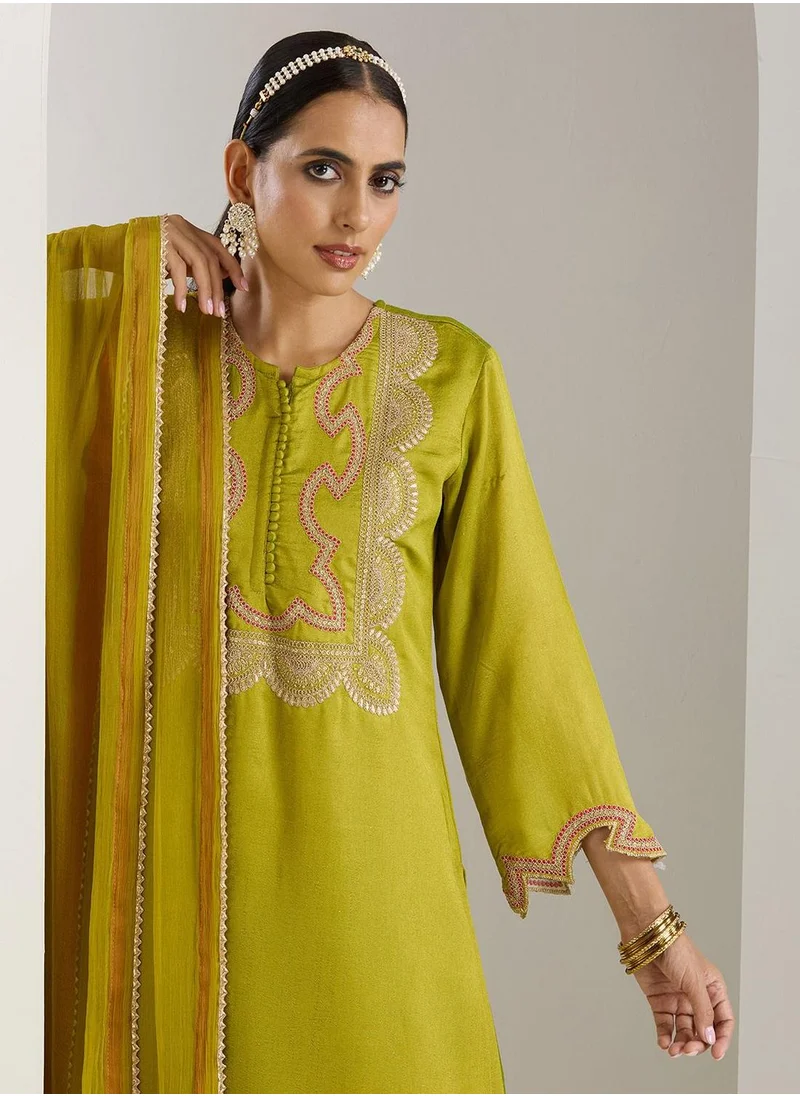 آي شين Women's Green Polyester Blend Printed Tunic Full Length Palazzo Straight Fit Kurta Set