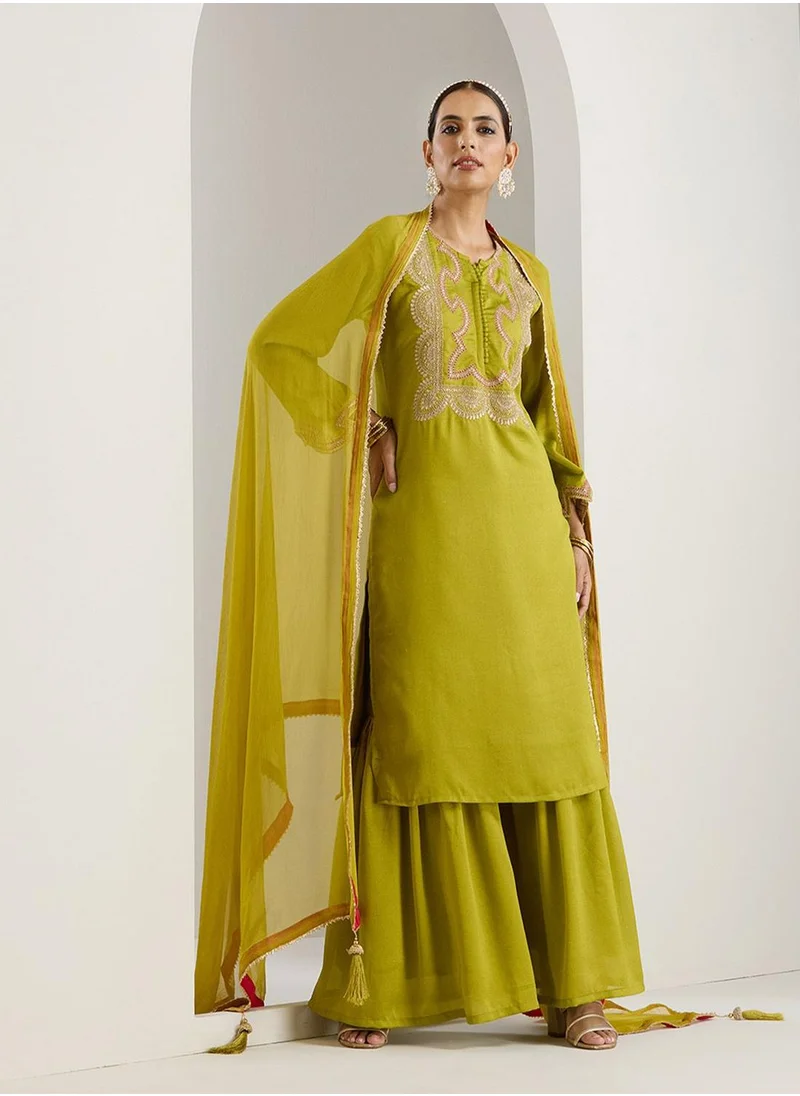 آي شين Women's Green Polyester Blend Printed Tunic Full Length Palazzo Straight Fit Kurta Set