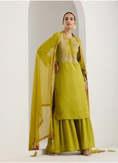 ISHIN Women's Green Polyester Blend Printed Tunic Full Length Palazzo Straight Fit Kurta Set  - Image 1