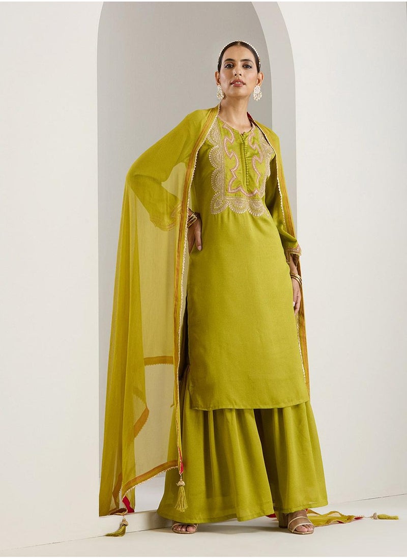 ISHIN Women's Green Polyester Blend Printed Tunic Full Length Palazzo Straight Fit Kurta Set  - Image 1